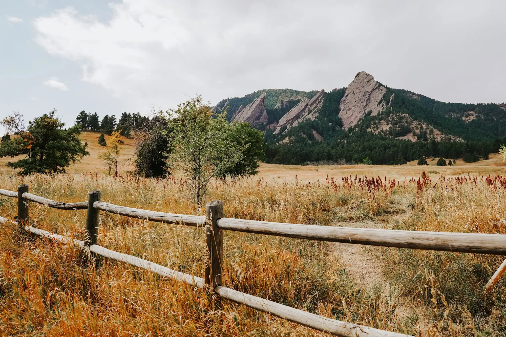 The Flatirons above a rail fence and grassland at the edge of Boulder, CO