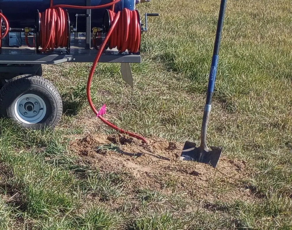 A red treatment hose running into a burrow next to a marker flag and a shovel